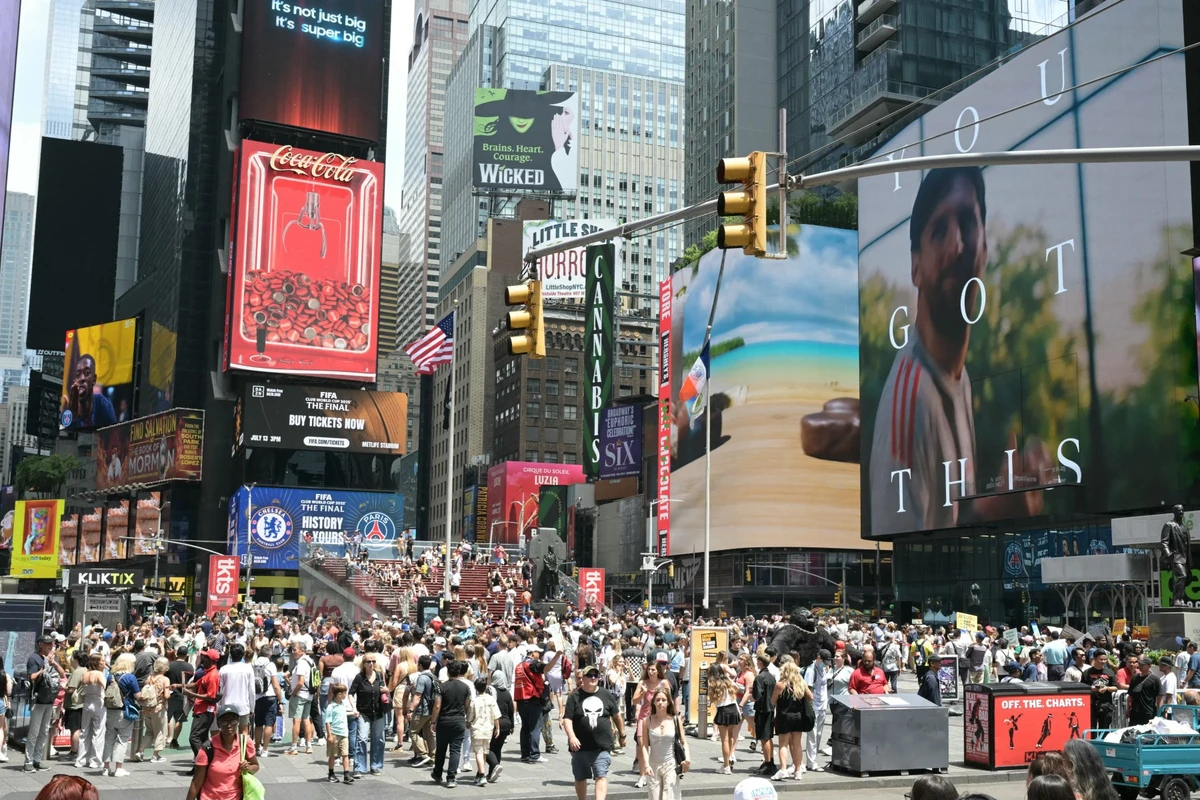 Advertising is displayed on a screen at Times Square in New York on July 12, 2025. (AFP)