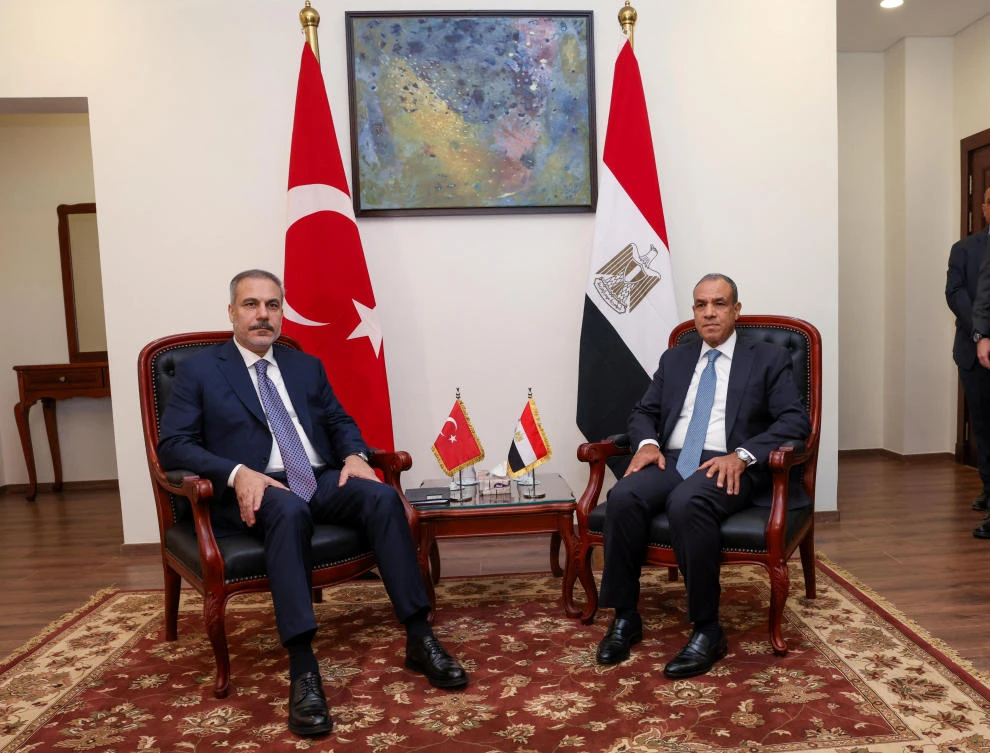 Turkish Foreign Minister Hakan Fidan meets with his Egyptian counterpart Badr Abdelatty in El-Alamein Egypt, Aug. 9, 2025. (Reuters)