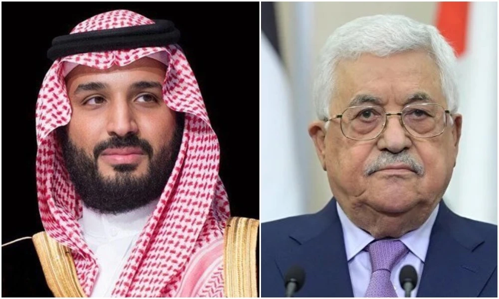 Saudi Crown Prince Mohammed bin Salman and Palestinian President Mahmoud Abbas. (SPA/QNA)