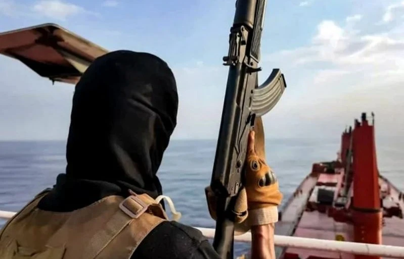Houthi militants carry out an attack on the Liberian-flagged, Greek-owned bulk carrier Magic Seas, in the Red Sea, July 6, 2025. (AFP)
