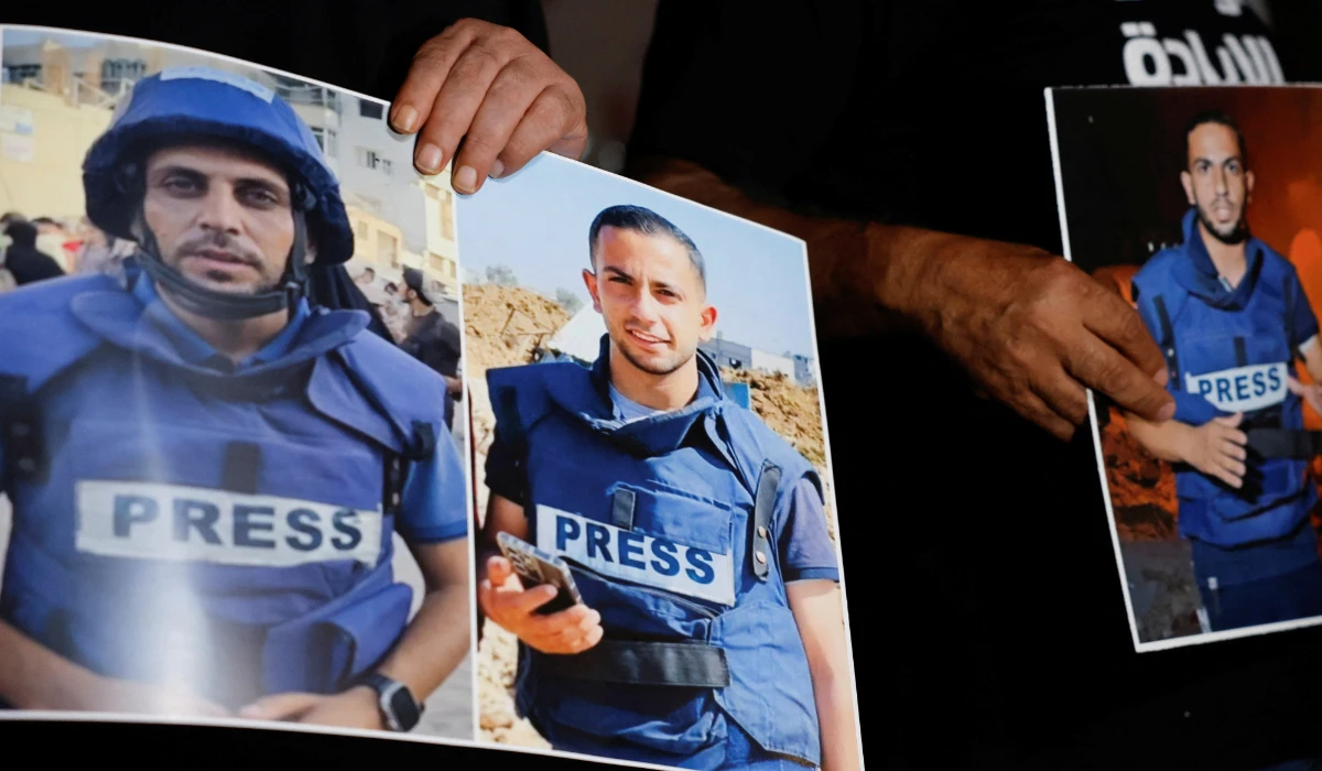 Palestinians protest against the killing of journalists in Gaza, in Ramallah in the Israeli-occupied West Bank, August 11, 2025. (REUTERS)