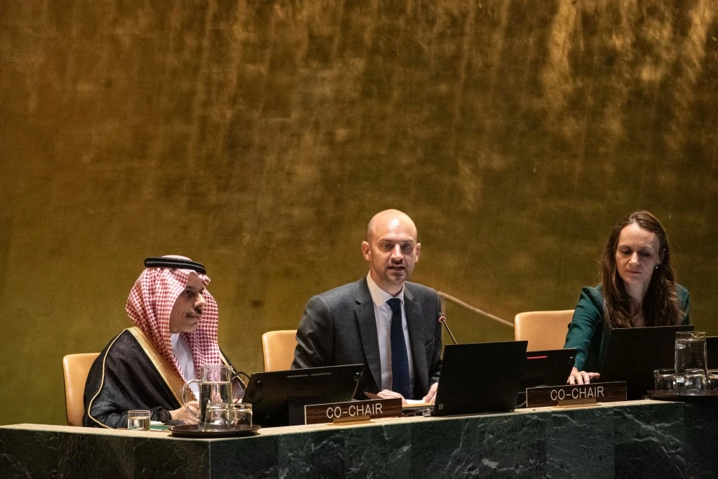 Saudi Arabia's foreign minister, Faisal bin Farhan Al-Saud, (L) and French foreign minister, Jean-Noel Barrot, (C) chair a conference on Palestine and a two-state solution at the UN on July 29, 2025 in New York City. (File/AFP)