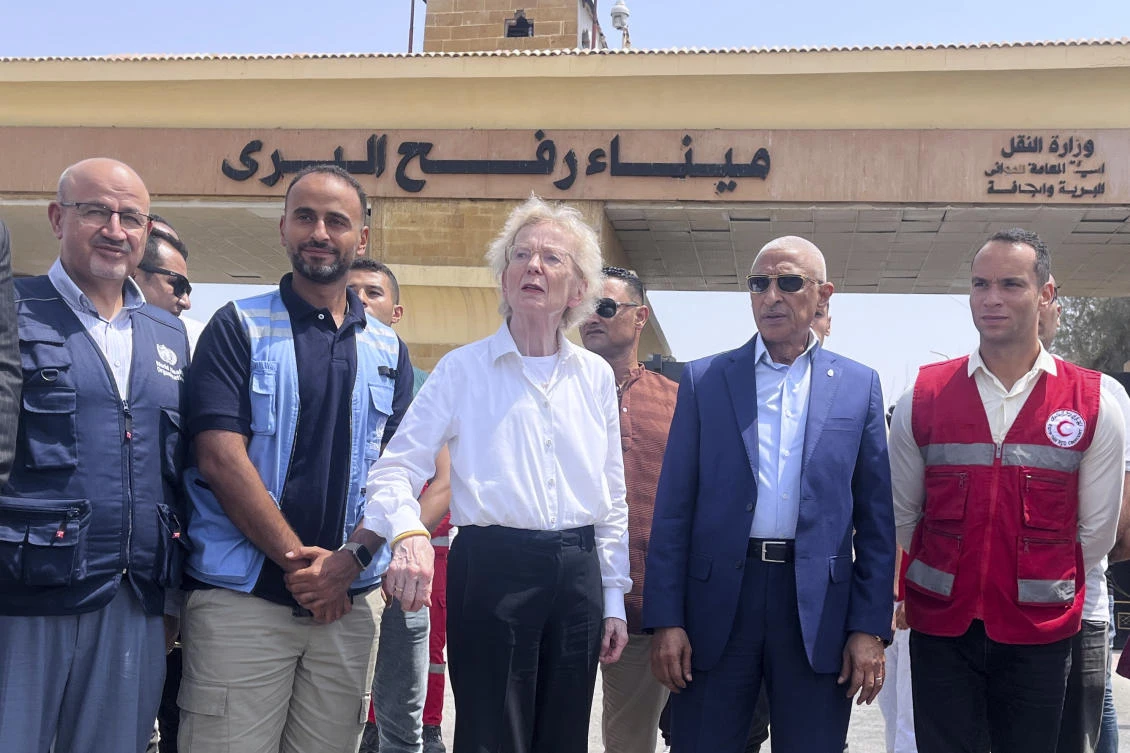Delegations from “The Elders,” a global peace advocacy group founded by the late Nelson Mandela, including Mary Robinson, former President of Ireland, center, visit Rafah crossing between Egypt and the Gaza Strip, Monday, Aug. 11, 2025. (AP)