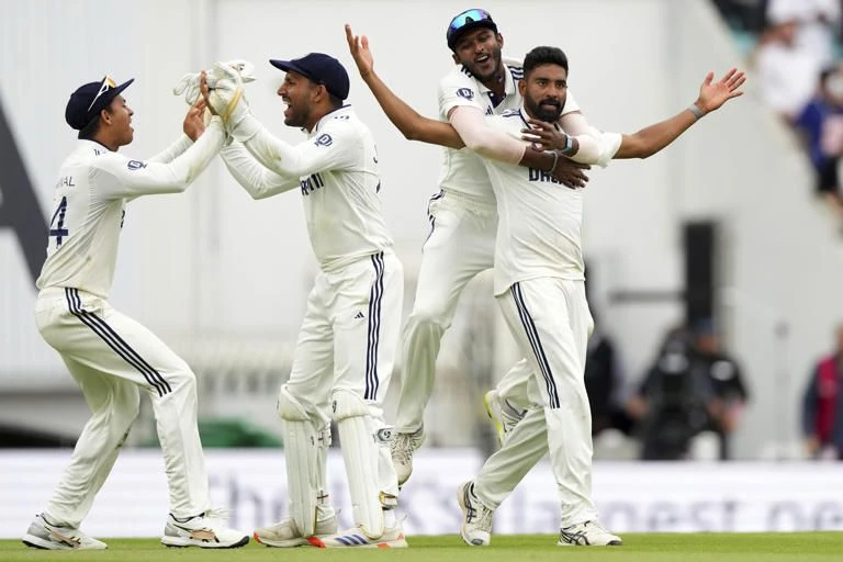 India’s players celebrate their win over England on day five of the fifth cricket test match between England and India at The Kia Oval in London, Monday, Aug. 4, 2025. (AP Photo)