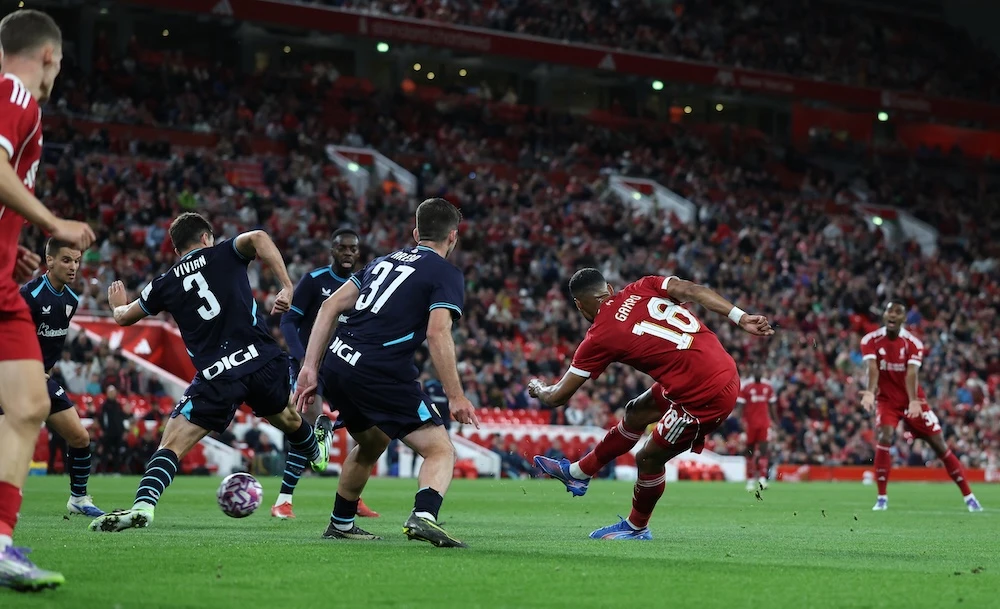 Liverpool’s Dutch striker #18 Cody Gakpo scores the team’s third goal during the second of two pre-season friendlies between Liverpool and Athletic Bilbao on Aug. 4, 2025. (AFP)