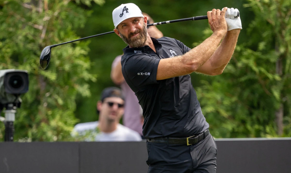 Dustin Johnson of 4Aces GC tees off on the 4th hole during the second round of LIV Golf Indianapolis. (Reuters)