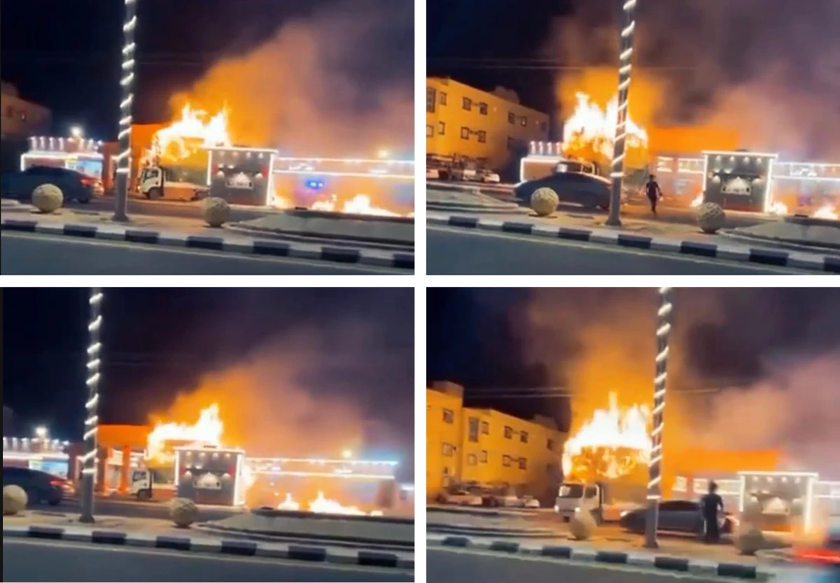 A combination of still images from a video shared on social media shows the burning truck being driven away from a crowded area to an open space. (Tiktok)
