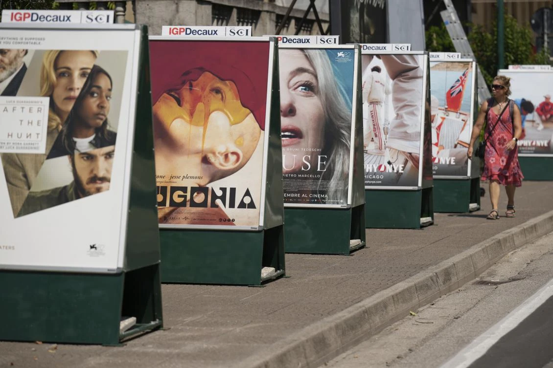 Film posters outside the Excelsior hotel ahead of the Venice Film Festival in Venice, Italy, on Tuesday, Aug. 26, 2025. (AP Photo)