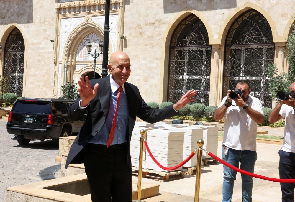 US Ambassador to Turkiye and US Special Envoy for Syria Thomas Barrack arrives to meet with Lebanese Prime Minister Nawaf Salam (not pictured), in Beirut, Lebanon, Aug. 26, 2025. (Reuters)
