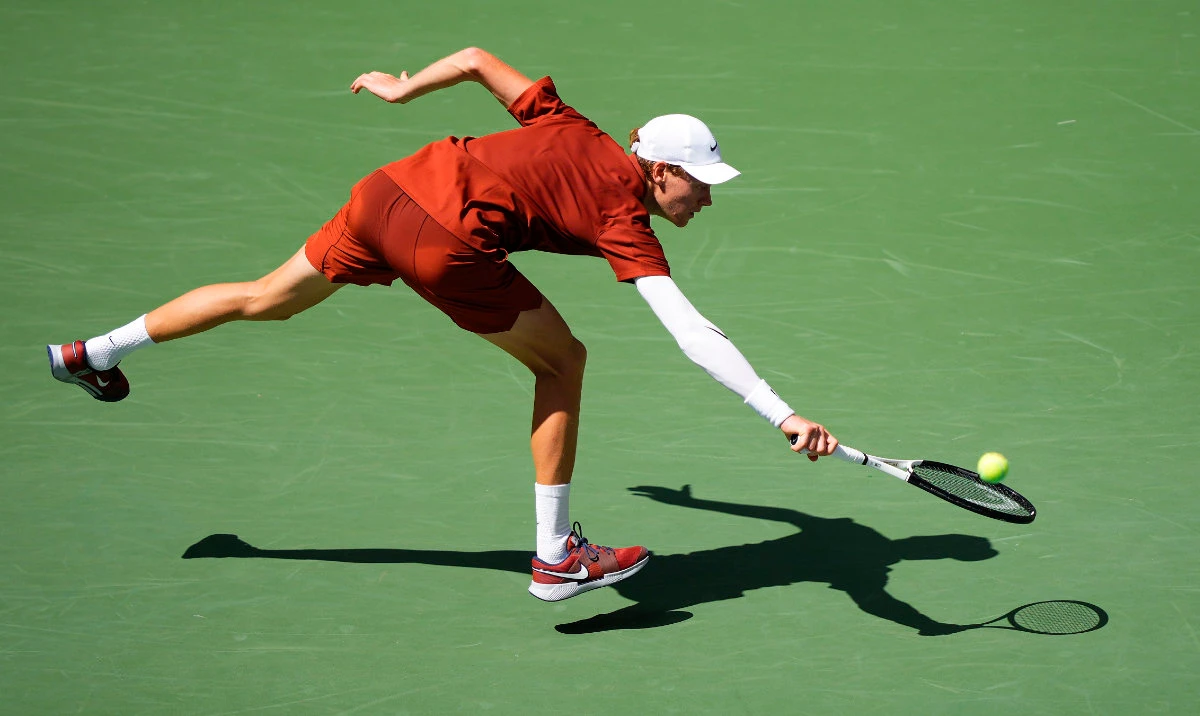 Jannik Sinner, of Italy, returns a shot to Vit Kopriva, of the Czech Republic, during the first round of the US Open tennis championships Tuesday in New York. (AP)