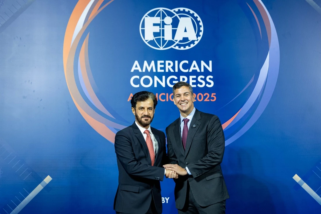 The President of Paraguay, Santiago Peña, and FIA President Mohammed Ben Sulayem, at the opening of the FIA American Congress 2025 in Asunción on Monday. (SUPPLIED)