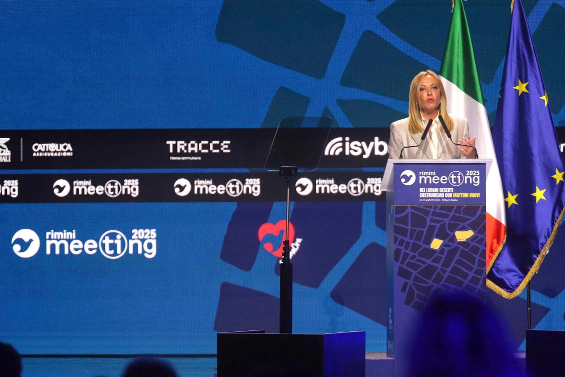 Italy’s Prime Minister Giorgia Meloni speaks at the Rimini Meeting in Rimini, Italy, Wednesday, Aug. 27, 2025. (AP)