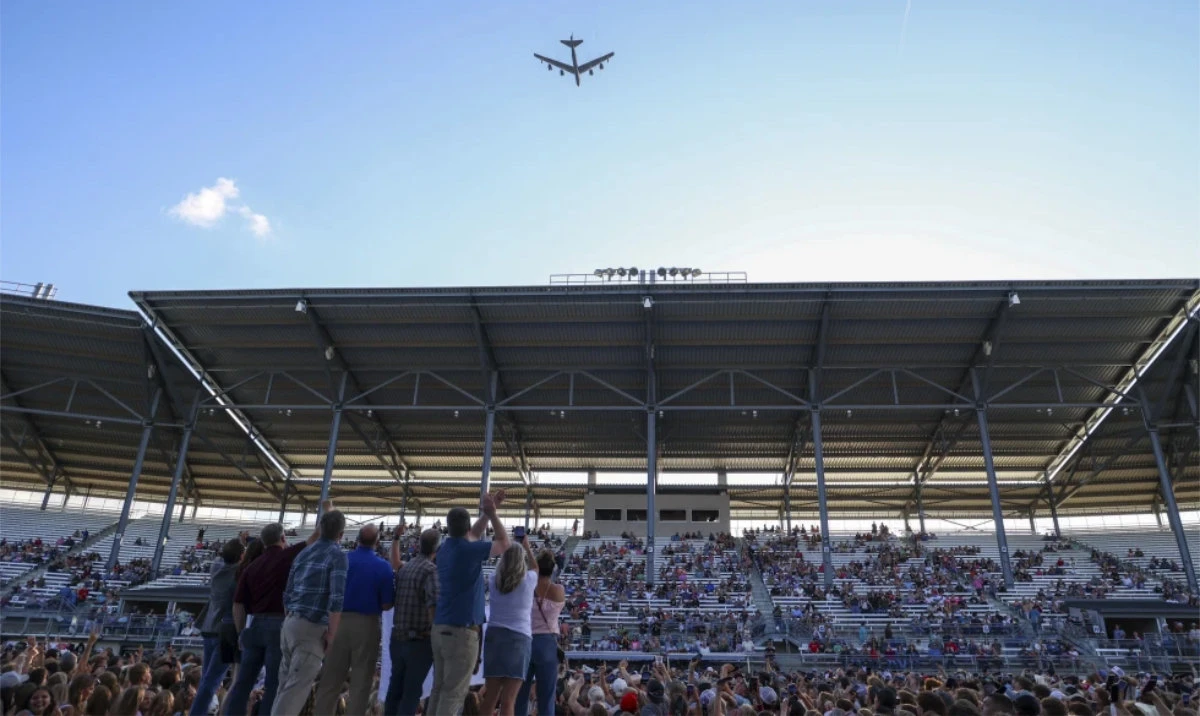 This photo provided by the North Dakota Governor’s Office shows a B-52 bomber from Minot Air Force Base in a flyover at the North Dakota State Fair on July 18, 2025, in Minot, N.D. (AP/File)