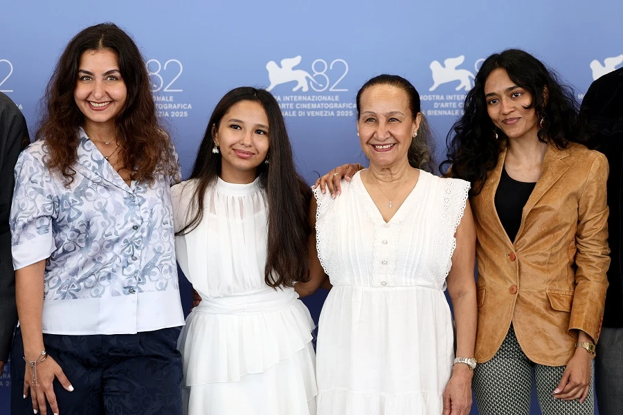 Director Shahad Ameen, Lamar Faden, Khairia Nazmi and Raghad Bokhari attend the "Hijra" photocall during the 82nd Venice International Film Festival on August 28, 2025 in Venice, Italy. (Getty Images)