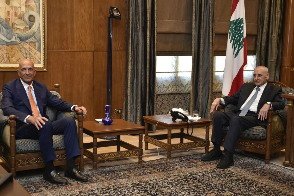 Lebanese Parliament Speaker Nabih Berri (R) meets with US envoy Thomas Barrack in Beirut on July 7, 2025. (File/AFP)