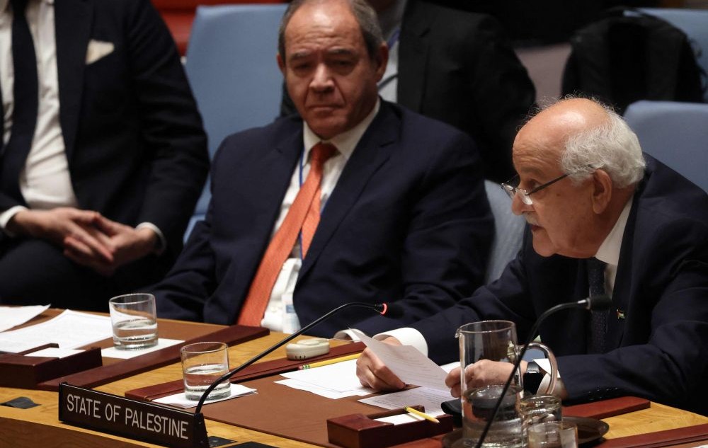 Palestinian Ambassador to the UN Riyad Mansour attends a UNSC meeting during UNGA 80, New York City, Sept. 23, 2025. (AFP)
