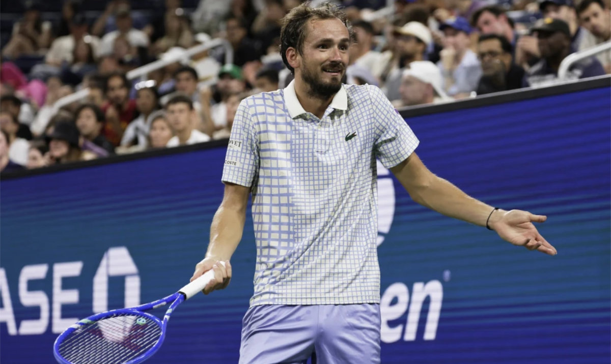 Daniil Medvedev, of Russia, reacts during a match against Benjamin Bonzi, of France, in the first-round of the US Open tennis championships, Sunday, Aug. 24, 2025, in New York. (AP)