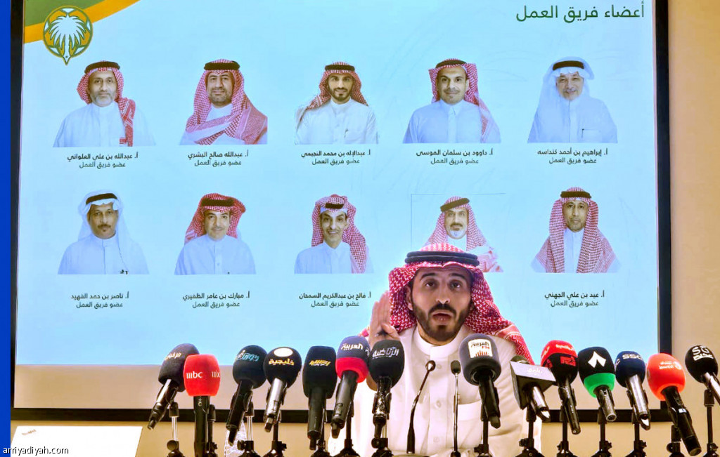 Abdulilah Al-Najimi, a member of the Saudi Football History Documentation Committee, during a press conference on Sunday. (Abdulrahman Mushabab)
