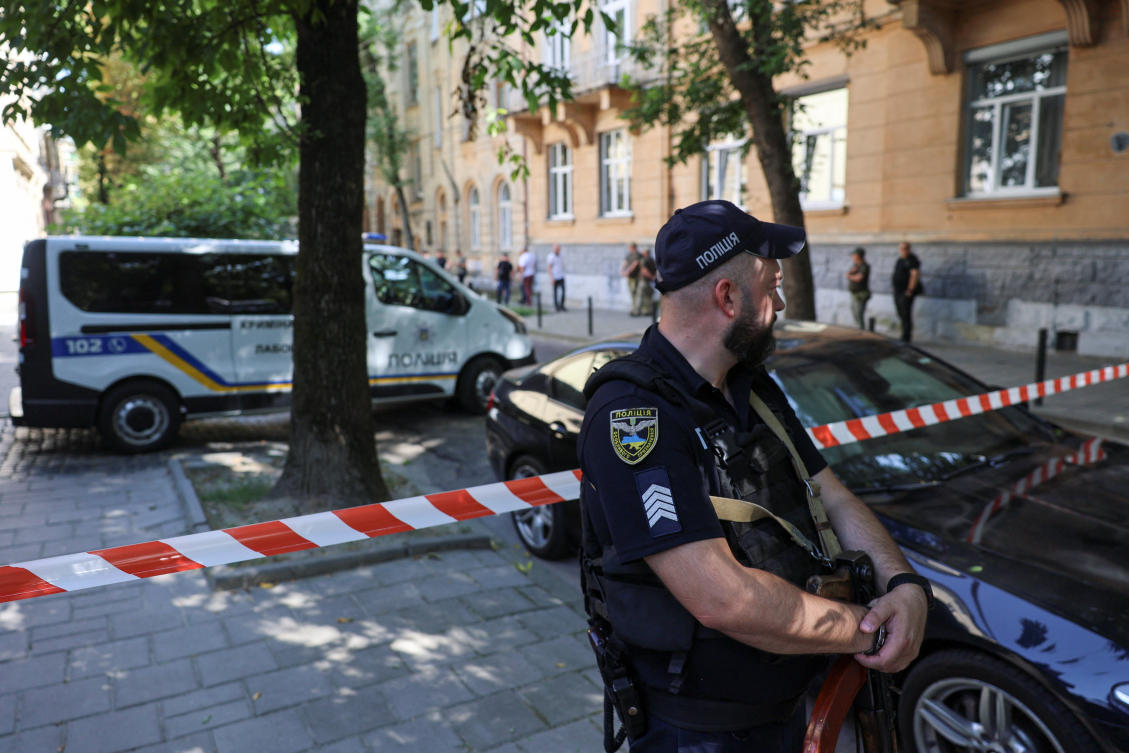 A police officer guards at the site of a murder of former Ukrainian parliamentary speaker Andriy Parubiy in Lviv, Ukraine on Aug. 30, 2025. (Reuters)
