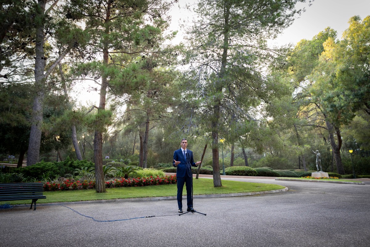 Spain's Prime Minister Pedro Sanchez addresses journalists after a meeting with King Felipe VI of Spain at the Marivent Palace in Palma de Mallorca on July 29, 2025. (AFP)