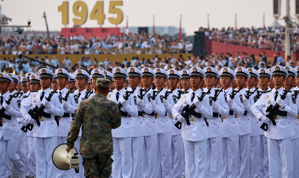 Members of Chinese People's Liberation Army (PLA) Navy march during the rehearsal ahead of a military parade to mark the 80th anniversary of the end of World War Two, in Beijing, China, September 3, 2025. (Reuters)