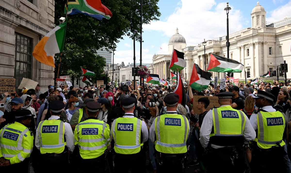 Police officers block a street as pro-Palestinian demonstrators gather in protest against Britain's Home Secretary Yvette Cooper's plans to proscribe the "Palestine Action" group, in London, Britain. (Reuters/File)