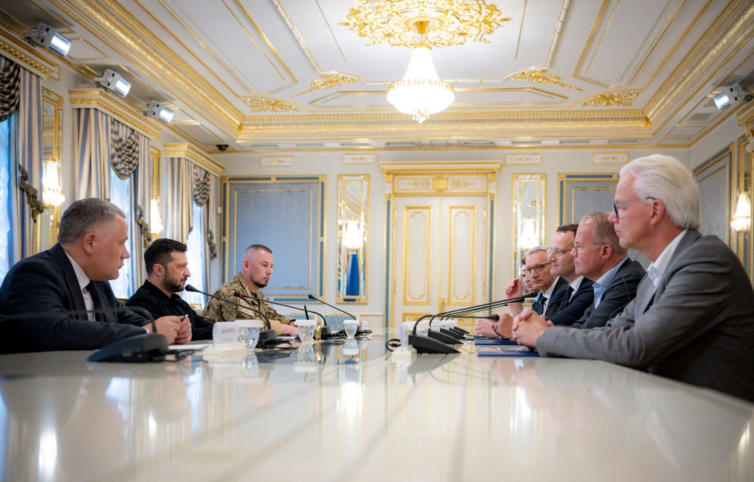 Ukrainian President Volodymyr Zelensky meeting with Jens Spahn and Matthias Miersch, leaders of two coalition factions in the German Bundestag, during their visit in Kyiv, Ukraine. (Handout)