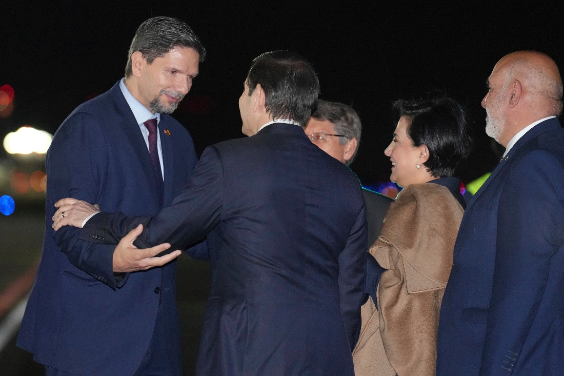 US Secretary of State Marco Rubio greets Ambassador to Ecuador Pablo Zambrano as he arrives in Quito, Ecuador. (AP)