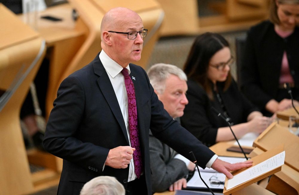 First Minister John Swinney delivers a speech calling on the Scottish Parliament to recognize the State of Palestine, at Scottish Government Buildings in Edinburgh, Scotland, Sept. 3, 2025. (AFP)