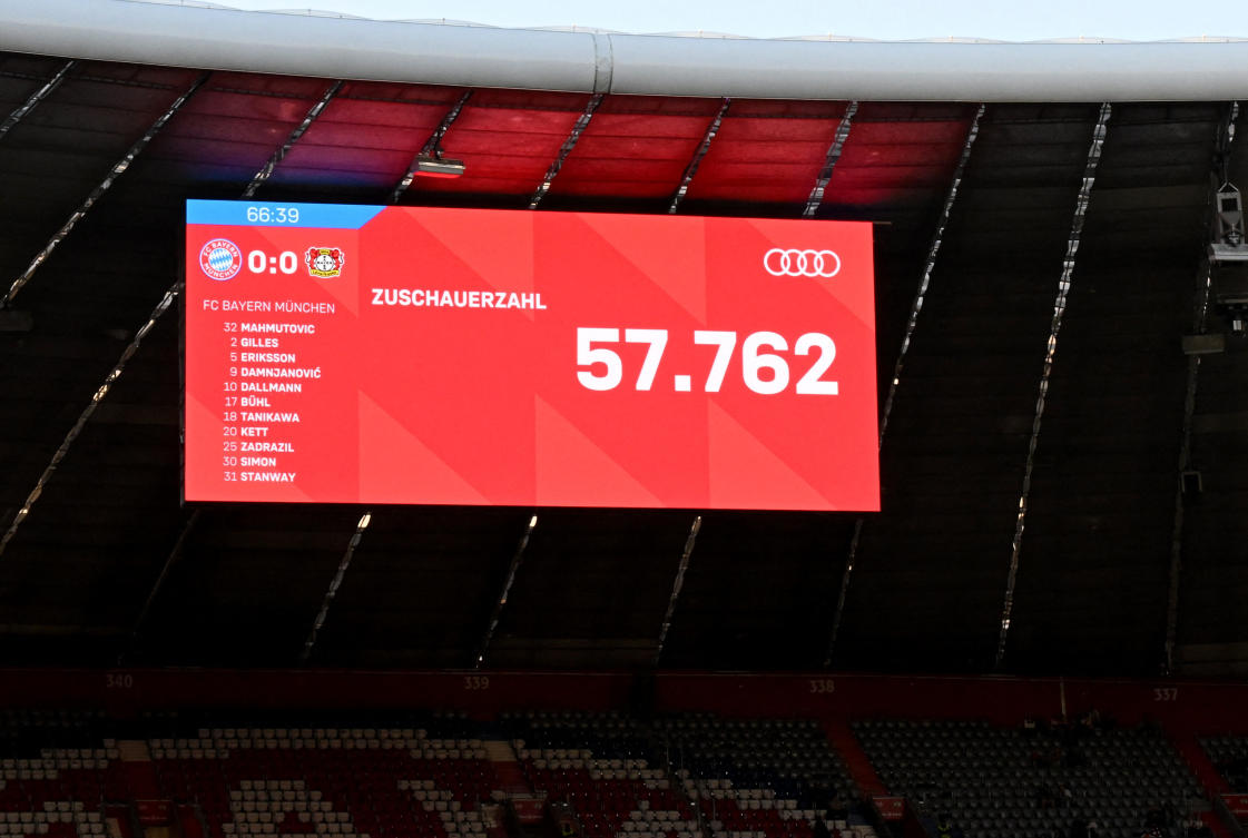 A big screen displays today’s match attendance during the Women’s Bundesliga Bayern Munich v Bayer Leverkusen match at the Allianz Arena, Munich, on Sept. 6, 2025. (Reuters)