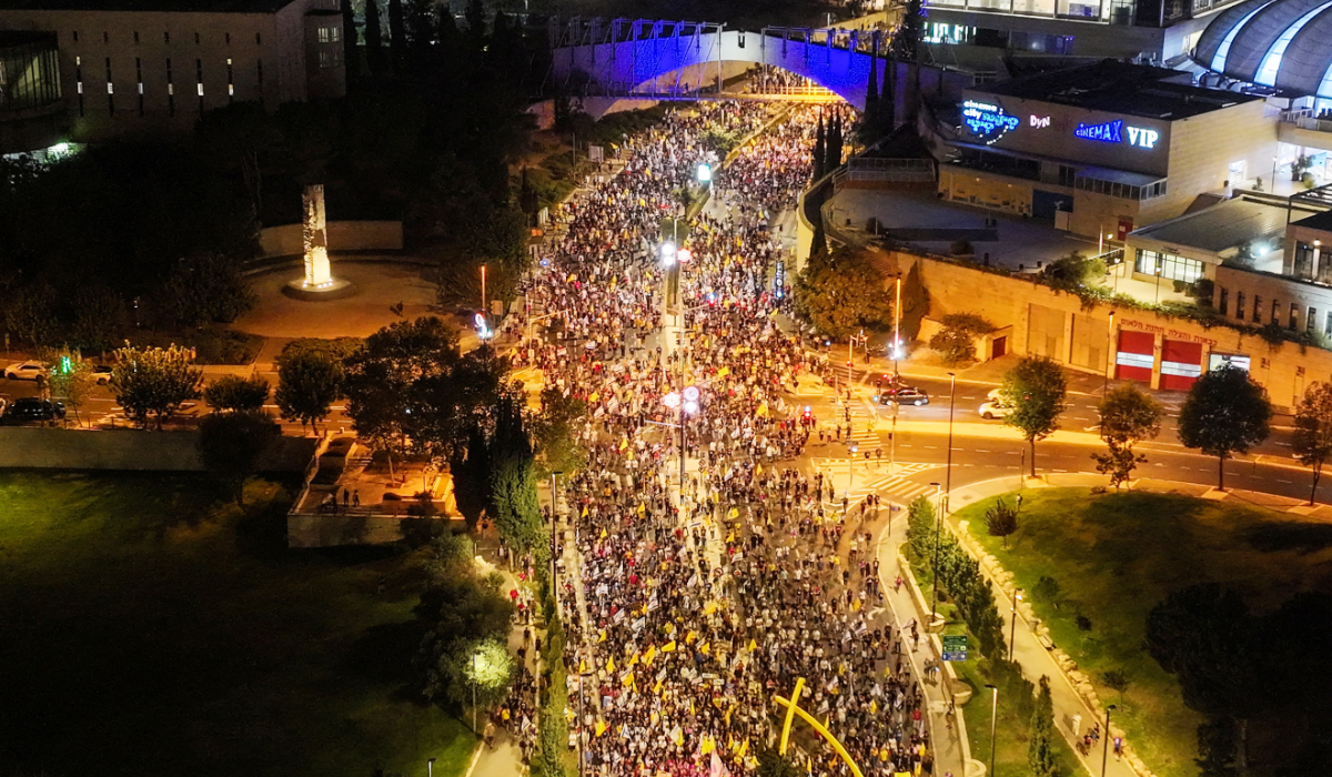 A drone view shows Israeli protestors in a rally demanding the immediate release of the hostages kidnapped during the deadly October 7, 2023 attack on Israel by Hamas, and the end of war in Gaza, in Jerusalem September 6, 2025. (REUTERS)