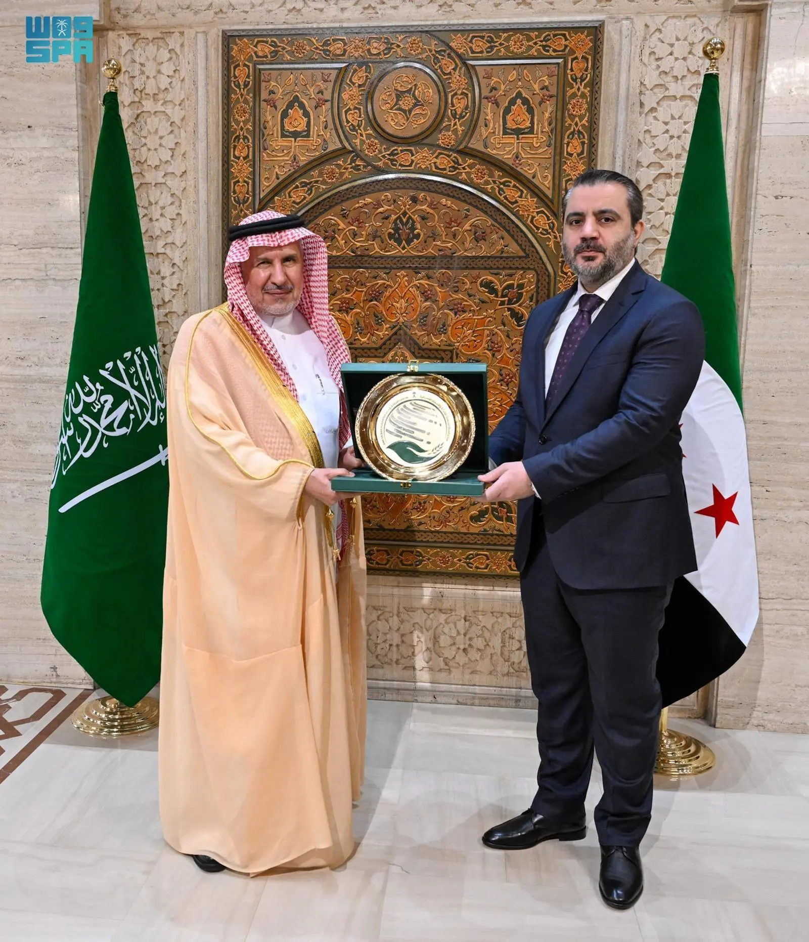 Syrian Foreign Minister Asaad Al-Shaibani met on Sunday with Dr. Abdullah Al-Rabeeah, Supervisor General of the King Salman Humanitarian Aid and Relief Center (KSrelief). (SPA)