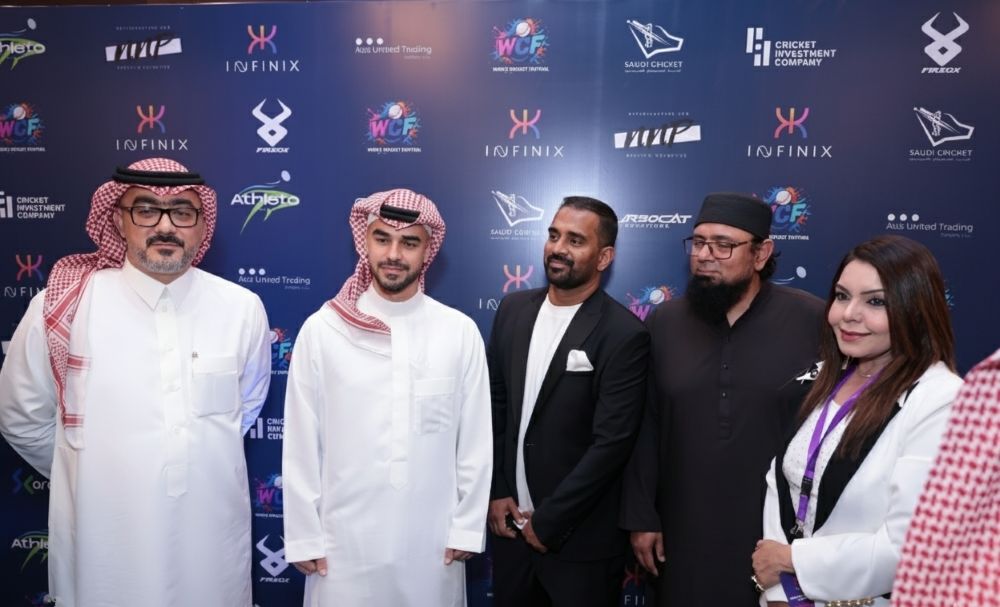 SACF Chairman Prince Saud bin Mishal Al-Saud (2nd left) with SACF CEO Tariq Ziad Sagga, Infinix CEO Waqqas Alvi & Pakistani Cricket legend Saqlain Mushtaq at WCF launch in Riyadh. (Supplied)
