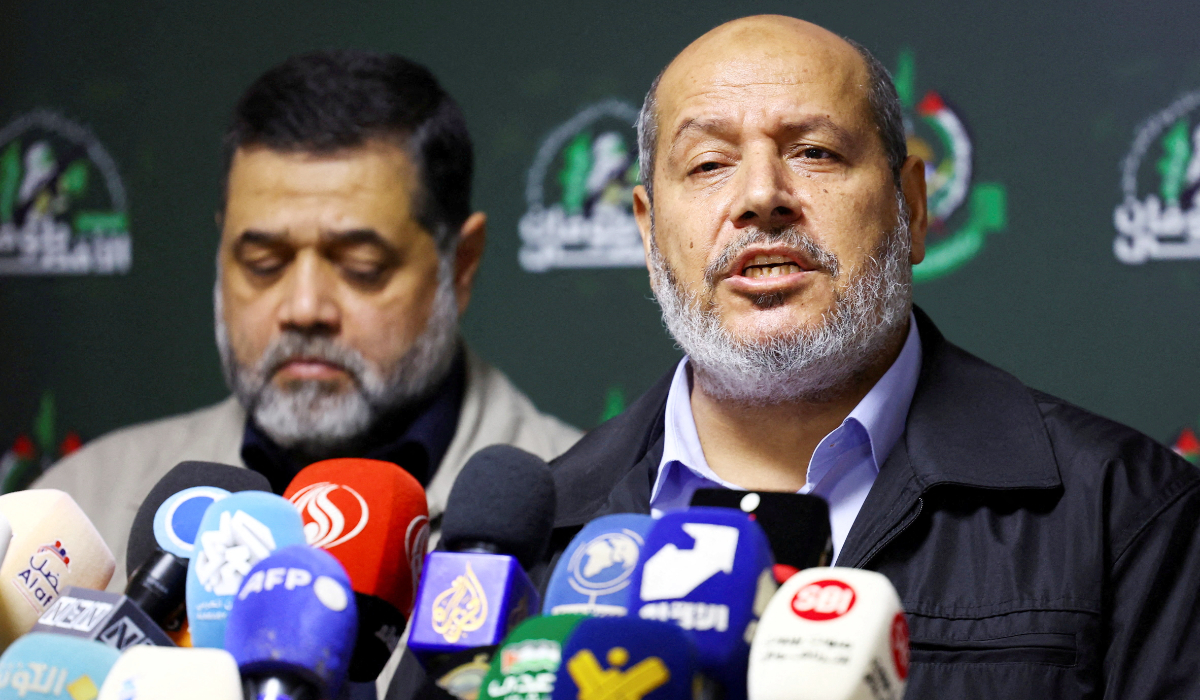Hamas officials, Khalil Al-Hayya and Osama Hamdan, attend a press conference in Beirut, Lebanon, November 21, 2023. (REUTERS)