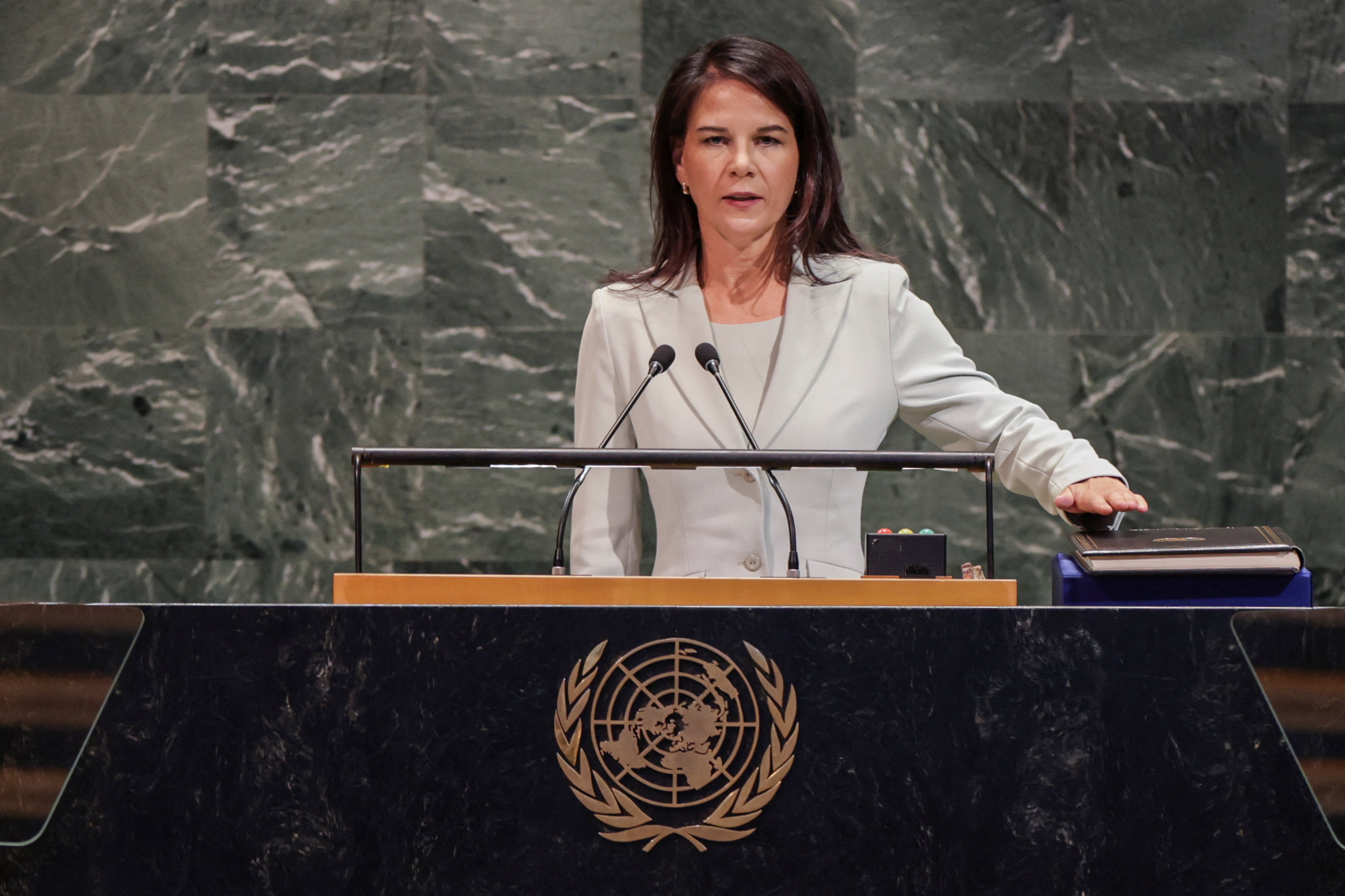 Annalena Baerbock, President-elect of the 80th General Assembly, takes the oath following the swearing-in ceremony at UN headquarters in New York City, September 9, 2025. (Reuters)