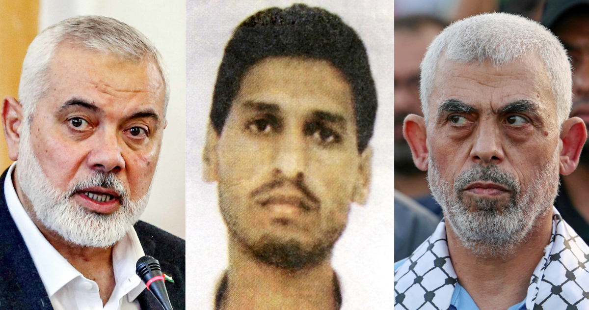 (L/R): Ismail Haniyeh, the Doha-based political bureau chief of the Palestinian Islamist movement Hamas, an undated handout photo shows alleged Palestinian military leader of the Hamas movement, Mohammed Deif (C), and head of the political wing of the Palestinian Hamas movement in the Gaza Strip Yahya Sinwar (R) attends a rally in support of Jerusalem's al-Aqsa mosque in Gaza City on October 1, 2022. (AFP)