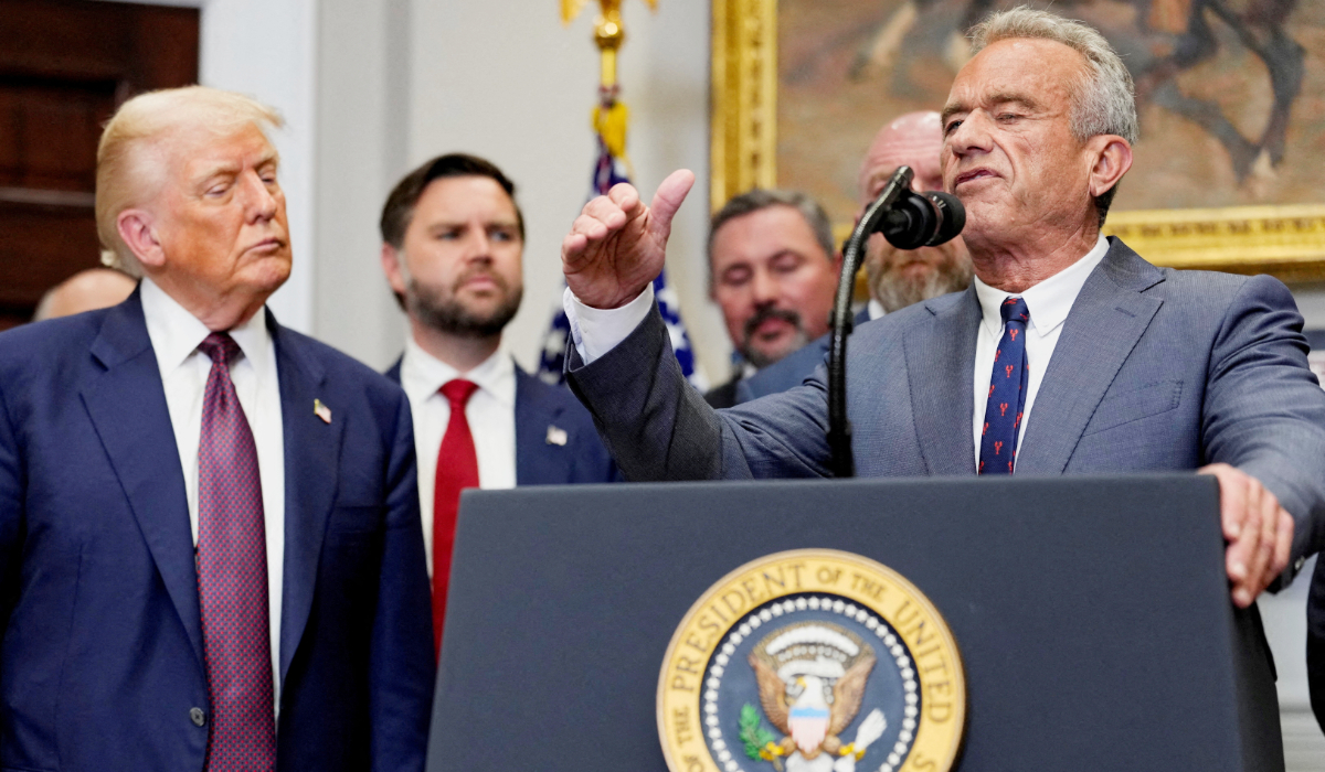 U.S. Health and Human Services (HHS) Secretary Robert F. Kennedy Jr. gestures as he delivers remarks next to U.S. President Donald Trump in the Roosevelt Room at the White House in Washington, D.C., U.S., July 31, 2025. (REUTERS)