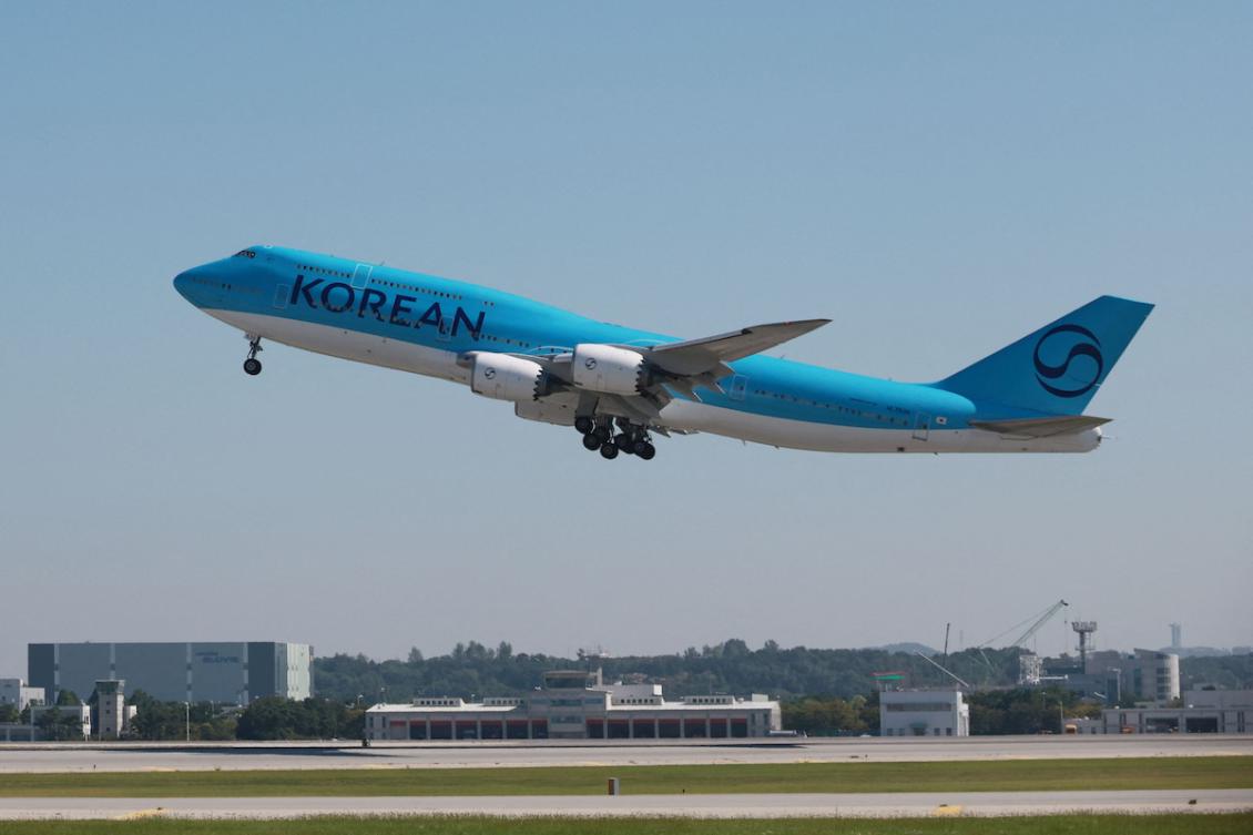 A chartered Korean Air Boeing 747-8I aircraft departs from Incheon International Airport to the United States on September 10, 2025, to repatriate hundreds of South Korean workers detained in an immigration raid. (FILE/AFP)