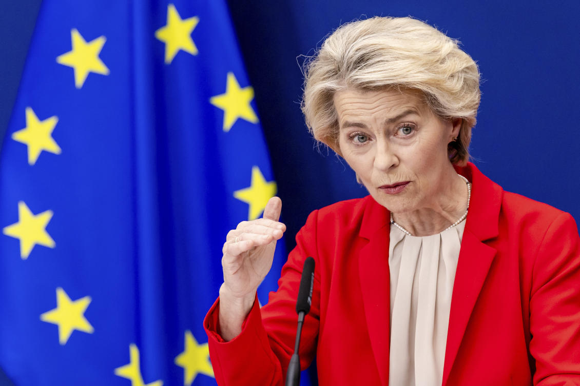 European Commission President Ursula von der Leyen addresses the media at EU headquarters in Brussels, Tuesday, June 10, 2025. (AP)