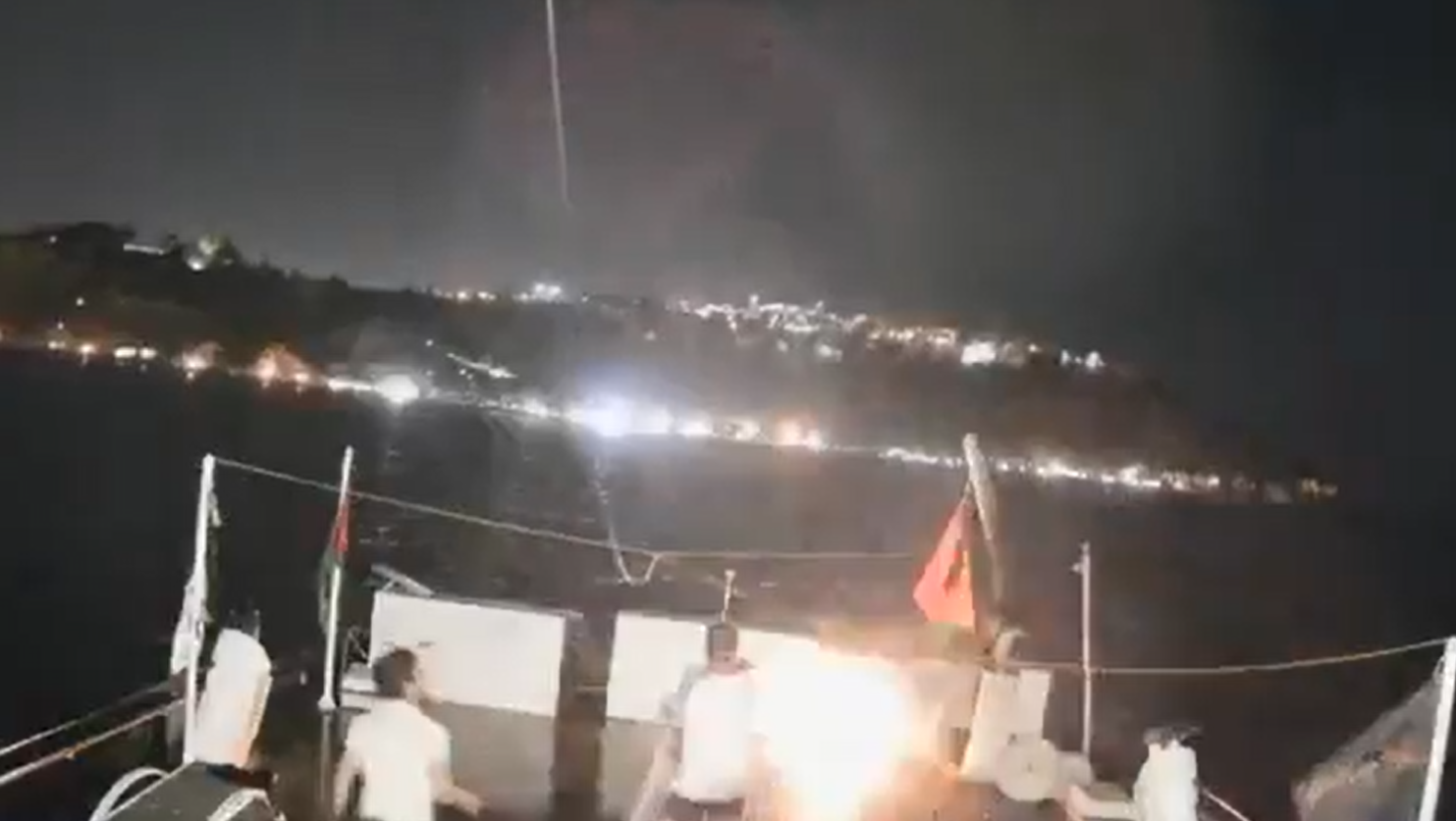A screengrab taken from a video posted on X showing how Global Sumud Flotilla group was attacked for a second night in a row and that a drone targeted one of its boats that was docked in Tunisian waters. (X/@GlobalSumudFlot)