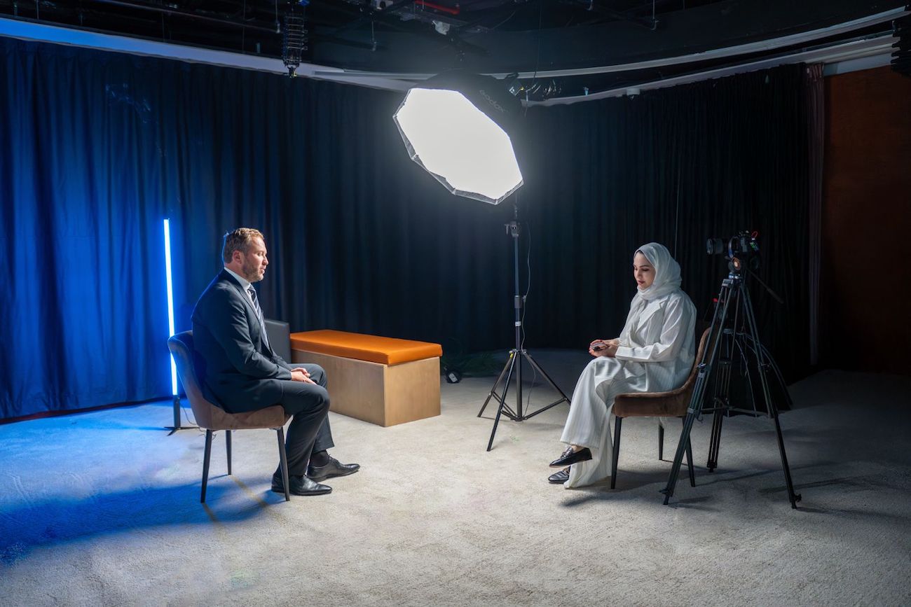 Estonia’s Foreign Minister Margus Tsahkna with Deputy Editor-in-Chief Noor Nugali during an interview with Arab News. (AN photo)