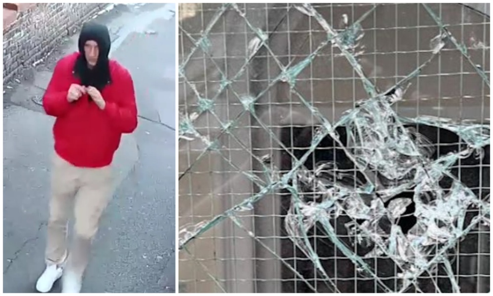 Police are seeking to speak to two people (one pictured, left) in connection with the incident, which they said they were treating as a hate crime. Right, close up of the damage to the mosque. (Screenshot/Avon and Somerset Police/ITV News)