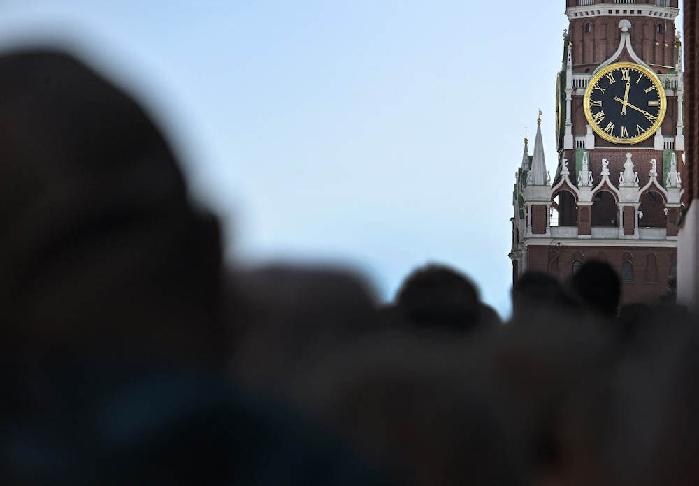 Above, Kremlin’s Spasskaya tower in downtown Moscow. Russia has targeted Ukraine with regular drone barrages as part of an ongoing offensive there following its 2022 invasion. (AFP)