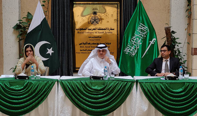 Saudi Arabia’s Ambassador to Pakistan Nawaf bin Said Al-Malki (center) and CEO of Wafi Energy Pakistan, Zubair Shaikh (right), attends ceremony at the Saudi Embassy in Islamabad on September 11, 2025, as Wafi Energy donates 5,000 liters of petrol to Pakistan’s National Disaster Management Authority (NDMA) to support ongoing relief operations. (AN photo)