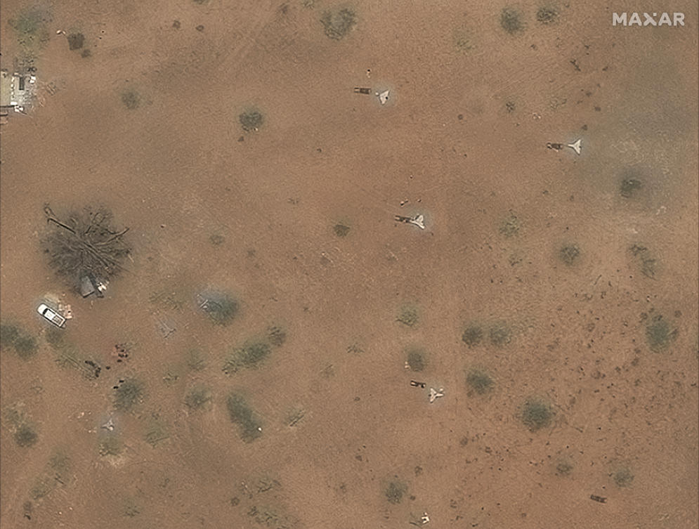 A satellite image shows long-range ‘suicide’ drones and launching gear north of the airport in Nyala, Sudan, May 6, 2025. (Reuters)