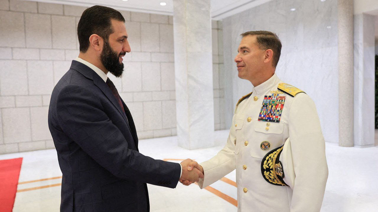 Command, Admiral Brad Cooper, ahead of their meeting in Damascus on September 12, 2025. (SANA photo via AFP)