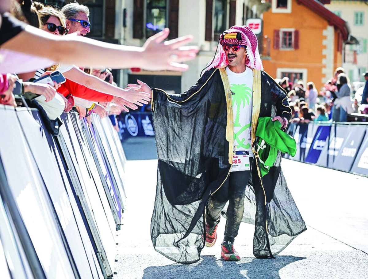 At the Ultra-Trail du Mont-Blanc finish line, Nasser Hakami celebrated by wearing traditional Saudi attire to highlight the Kingdom’s culture. (Supplied)