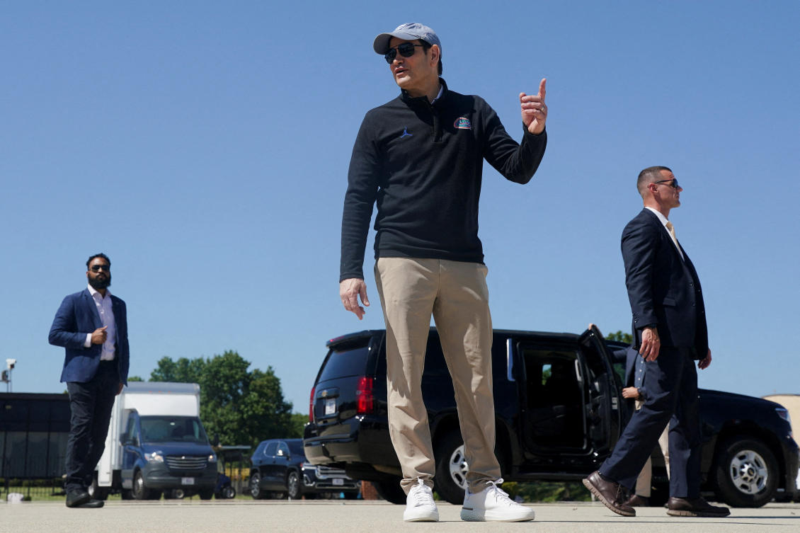 US Secretary of State Marco Rubio points as he stands on the tarmac, before departing for Israel at Joint Base Andrews, Maryland, US, September 13, 2025. (Reuters)