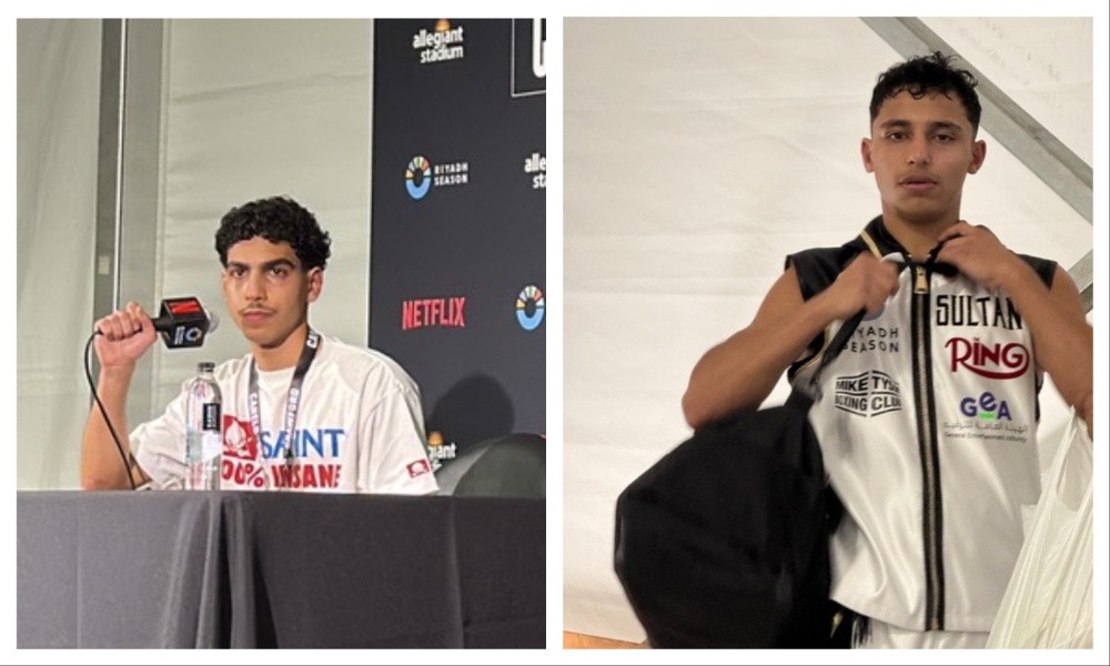 (L-R) Mohammed Alakel takes questions from the media following his win in Las Vegas on Saturday and first-time boxer Sultan Al-Mohammed can be seen. (AN photo)