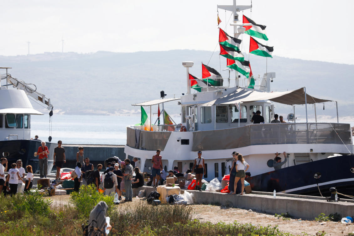 Participants of the Global Sumud Flotilla wait to set sail towards Gaza, with other boats from Tunisia, September 13, 2025. (REUTERS)